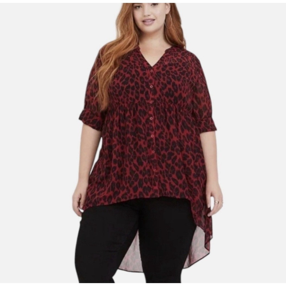 Torrid Black & Red Animal Print Chiffon High Low Tunic Sheer Blouse Size L (00)